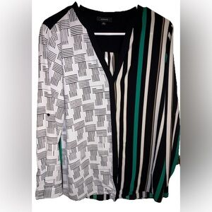 Alfani Mixed-Print Blouse – Black, White, Teal & Tan – Size M